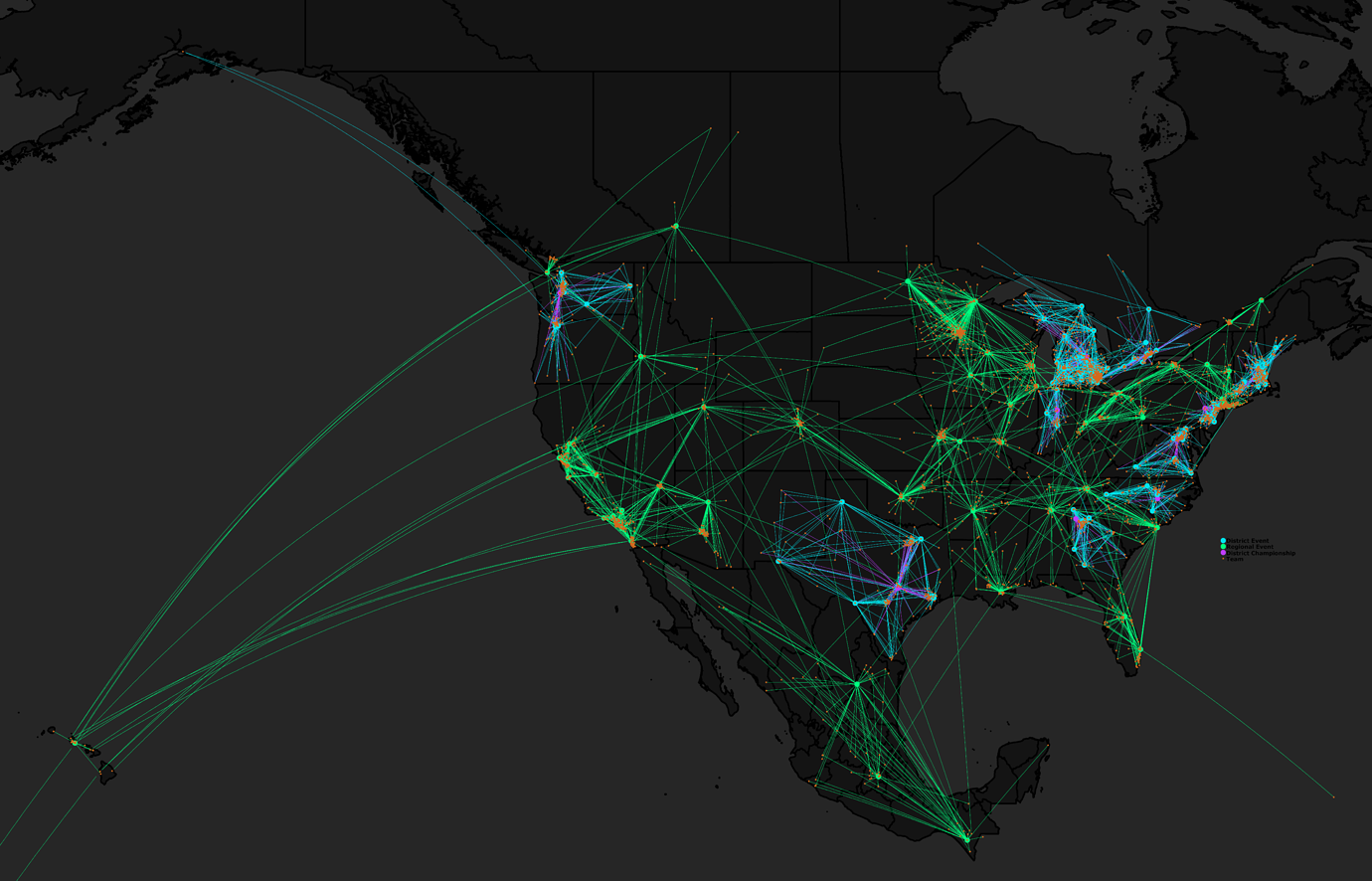 FRC US, Canada, & Mexico Teams and Events Connections Map 2019 CD