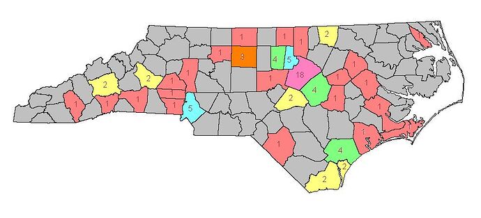 North Carolina FIRST Teams by County Map