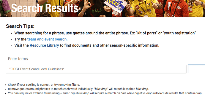 screenshot of FIRST website search results for "FIRST Event Sound Level Guidelines", no results are displayed