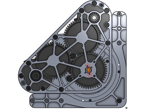 Image of SDS mk4i CAD model with CANCoder mounting holes circled