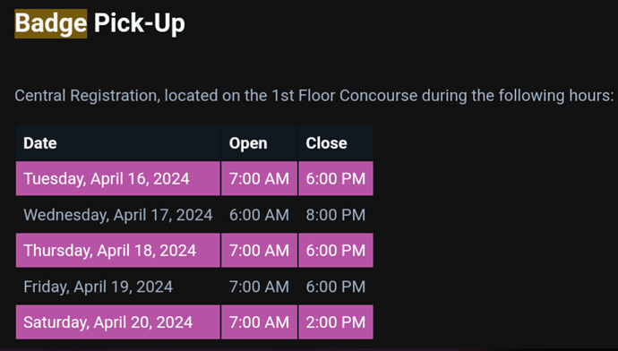 2024 Badge Pickup Times