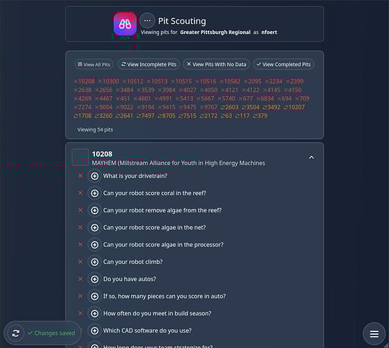 A screenshot of Open Scouting showing the pit scouting page, it's a large list with each team and a place to answer questions at each team's pits