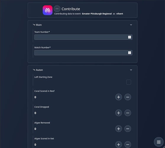 A screenshot of Open Scouting showing the contribution page, it's similar to a Google Form and has fields for entering text, numbers, and multiple choice questions