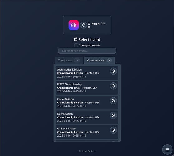 A screenshot of Open Scouting showing the event selection page