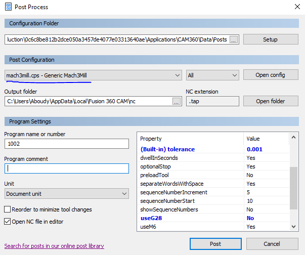 Fusion 360, post process NC file not working anymore:( - Shapeoko