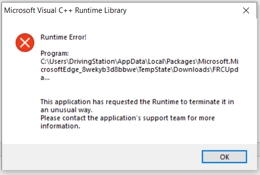 C Runtime Error When Installing Frc Update Suite Programming Chief Delphi