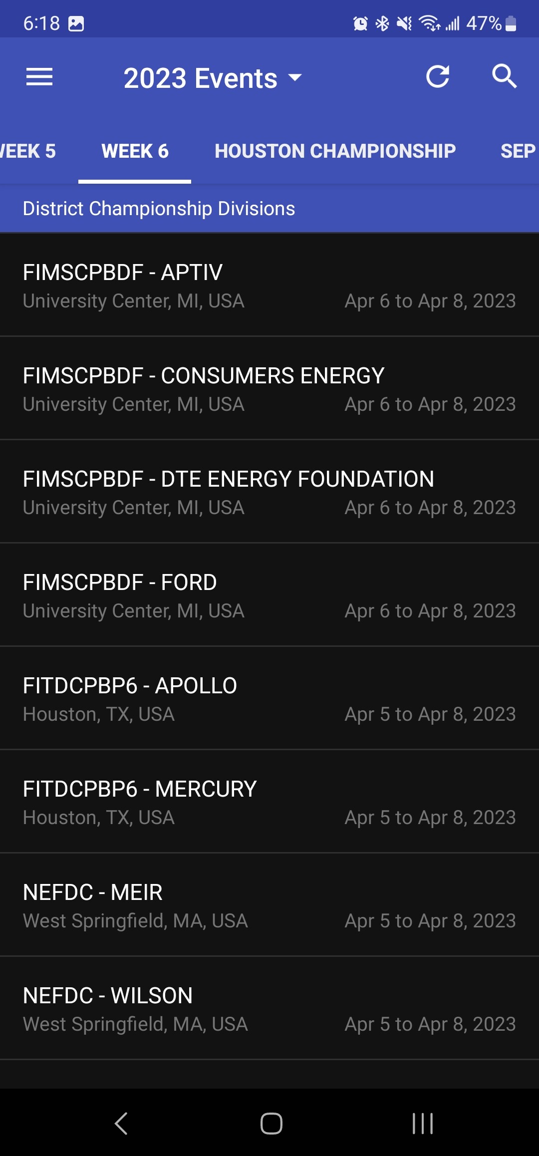 [Resolved with a restart] The Blue Alliance App missing FIM divisions